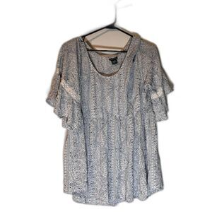 Torrid Blouse 2X White Blue Print Cold Shoulder Boho Chic Cottagecore Top